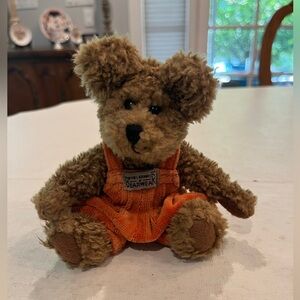 Sold Vintage Boyds bear Brown fuzzyTeddy Bear with Orange velour Overalls.